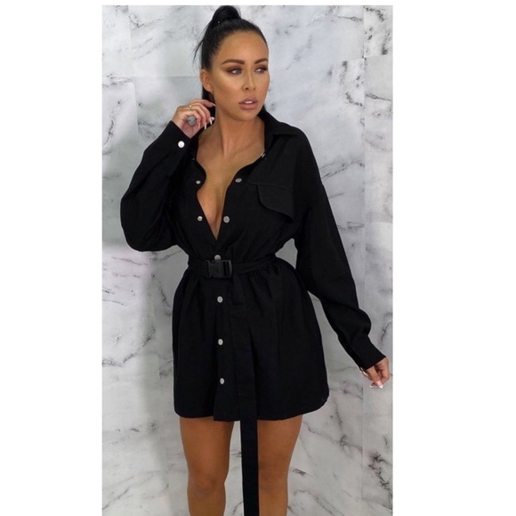 Black utility mini shirt dress with belt - Picture 2 of 3